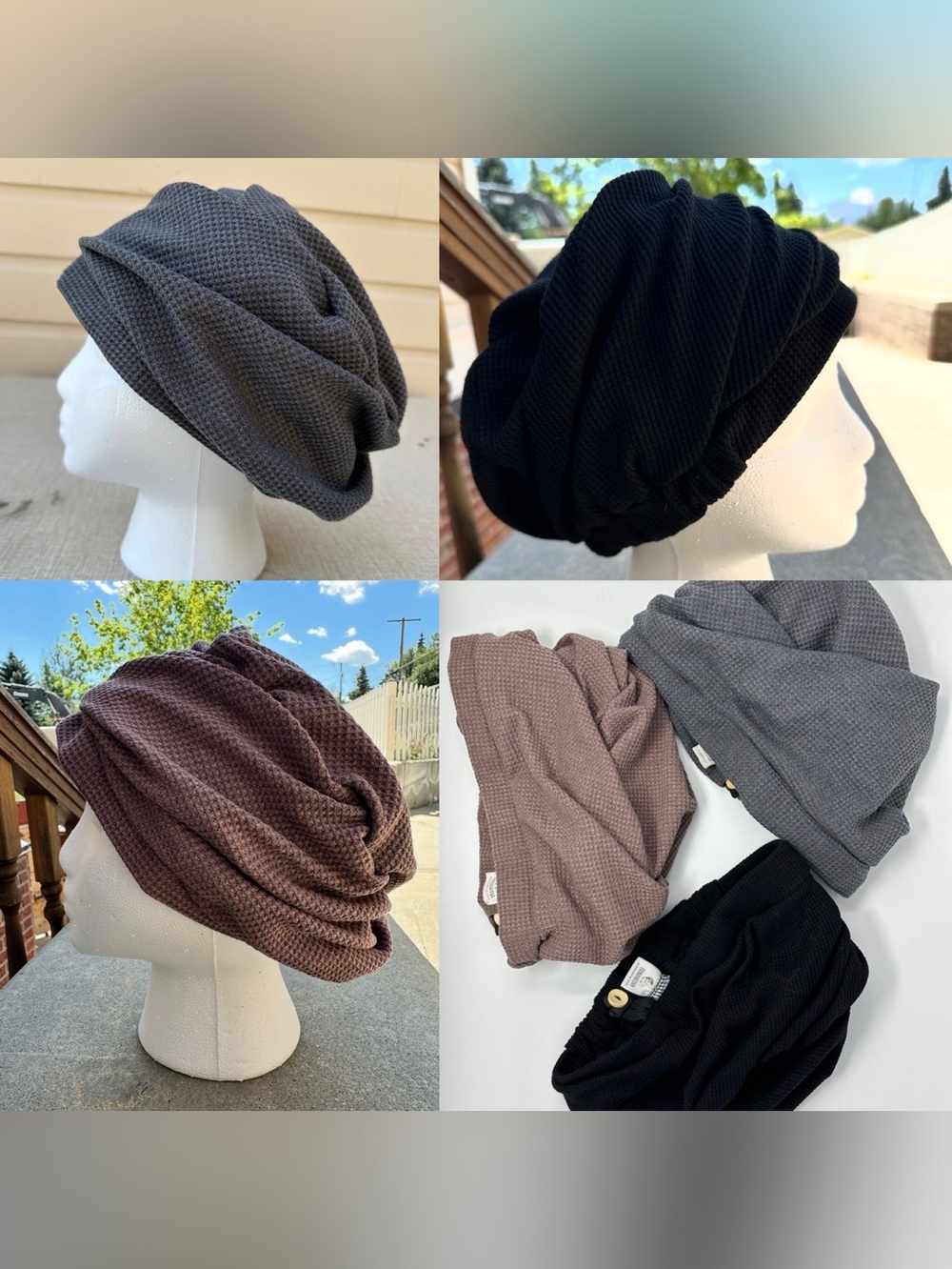 Set of 3 - Waffle Knit Slouchy Beanie Hat - Tichel Beret snood headcoverings